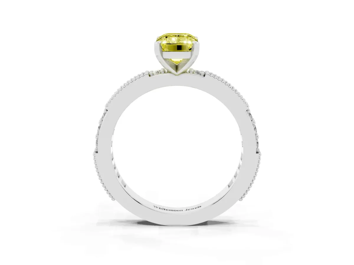 Fancy Yellow Emerald Cut Solitaire with Pavé Band and Four-Prong Setting Silver