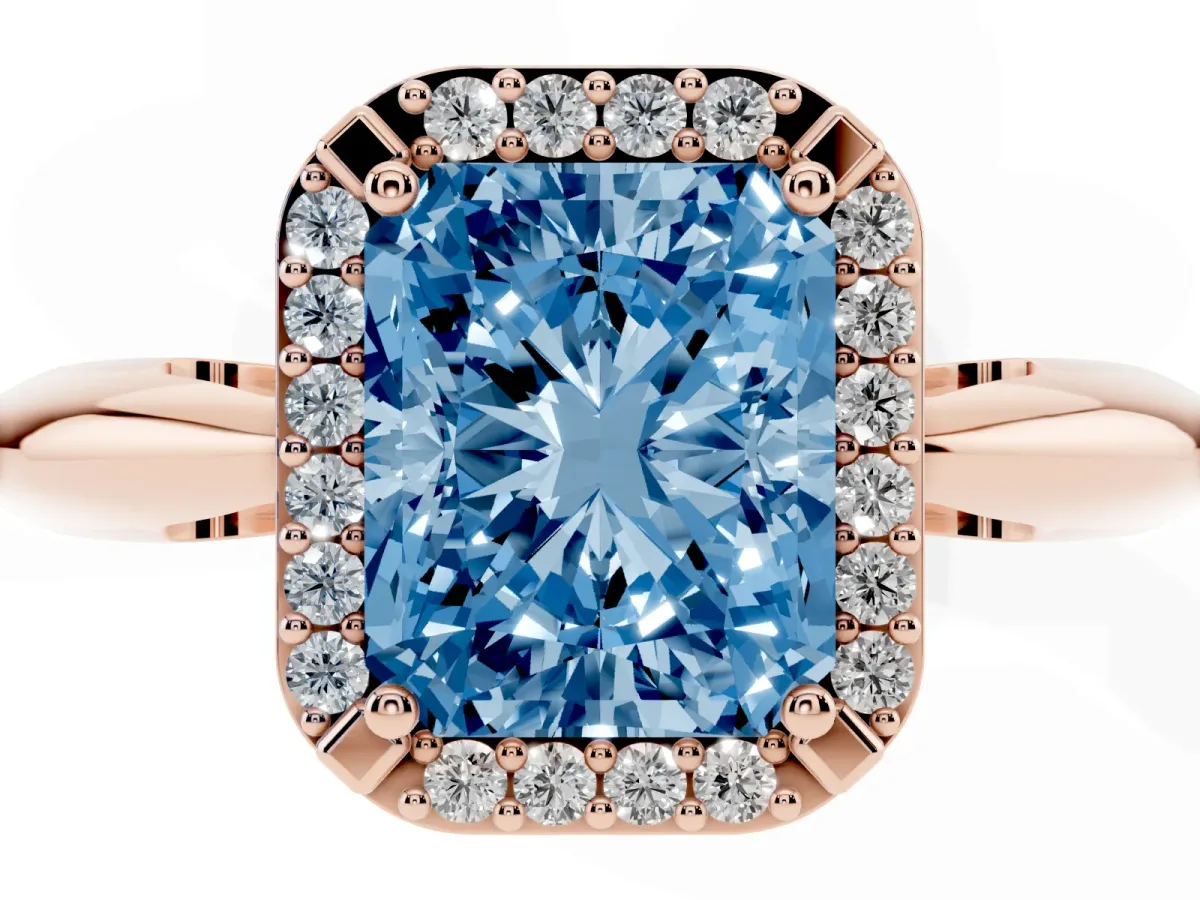Fancy Blue Radiant Cut Cut Diamond Halo Engagement Ring with Split Shank and Four-Prong Setting Rose gold