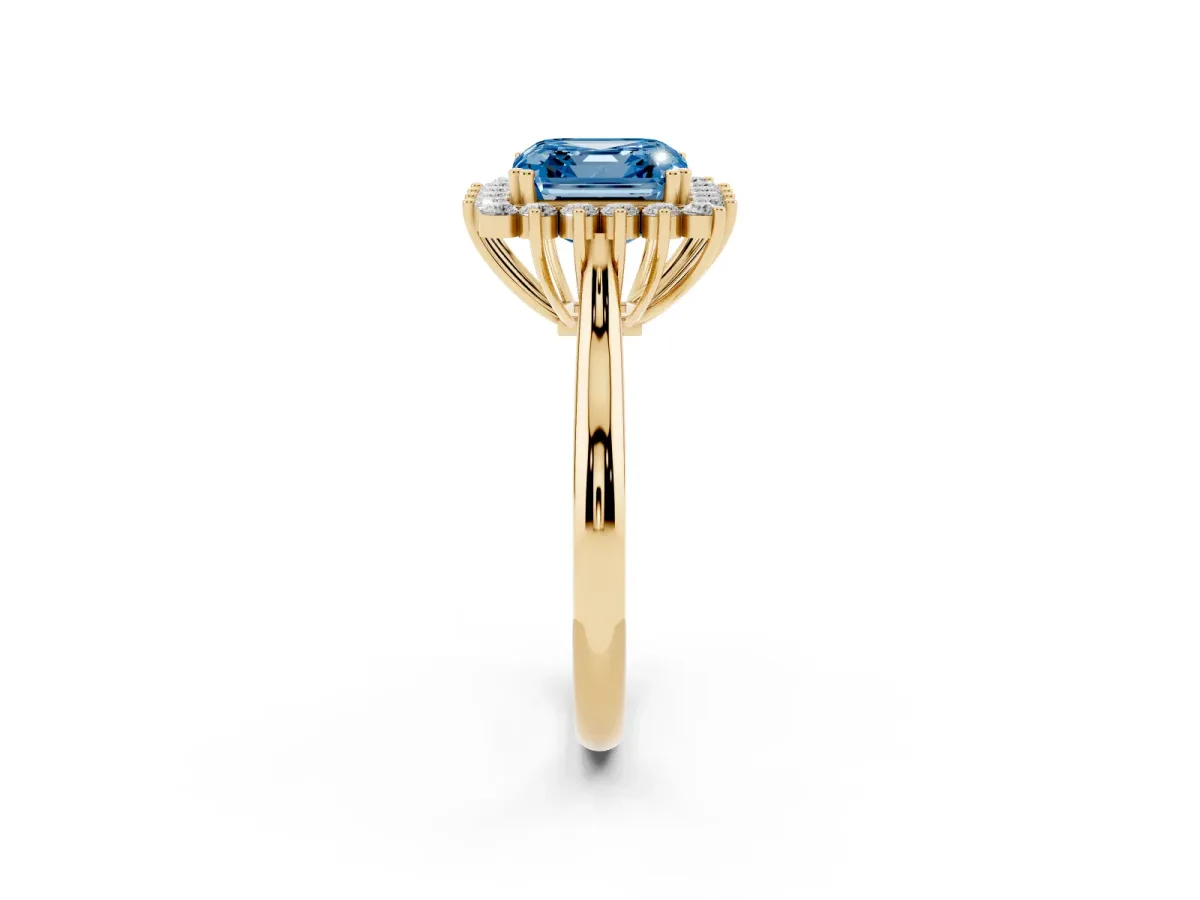 Fancy Blue Asscher Cut Cut Diamond Halo Ring with Solitaire Band and Prong Setting Yellow gold