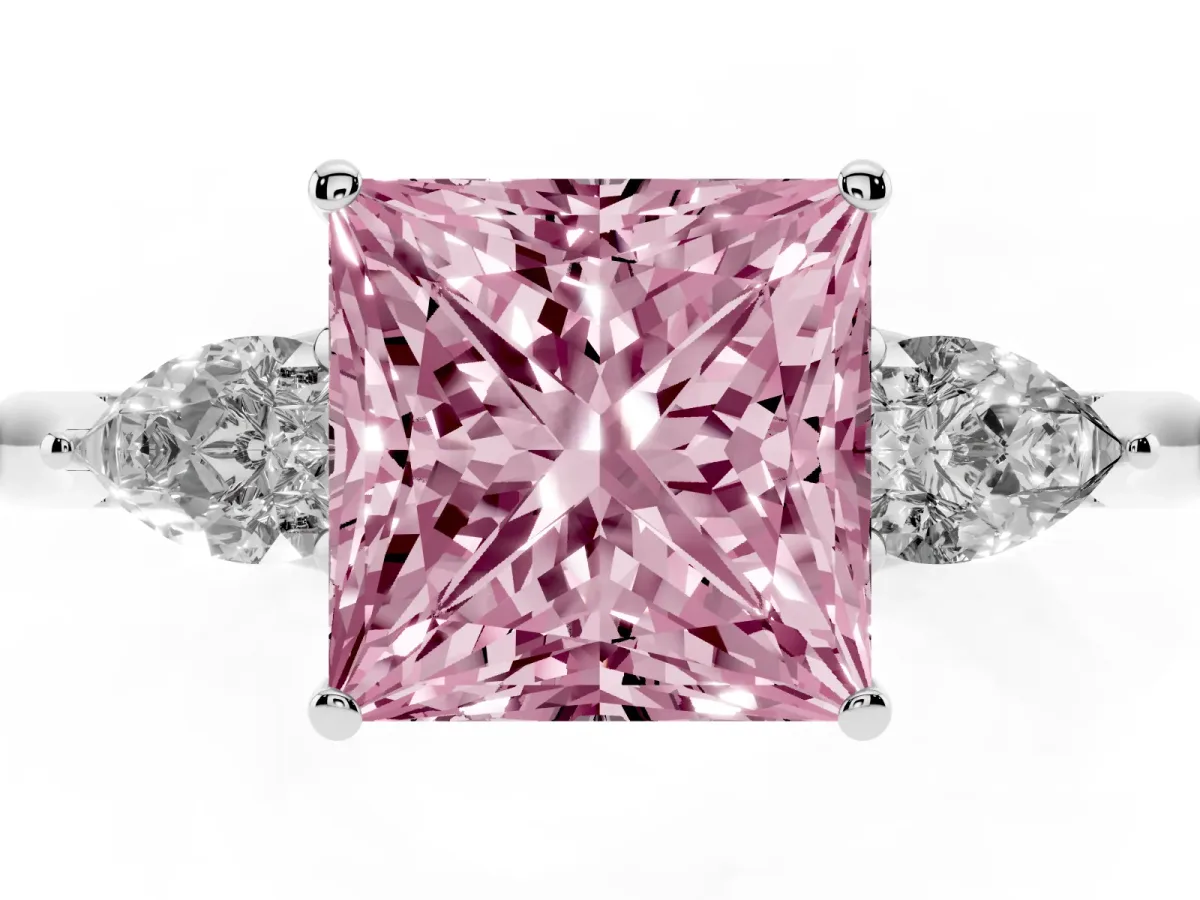 Fancy Pink Princess Cut Diamond Three-Stone Ring with Pear Side Stones and Prong Setting Silver