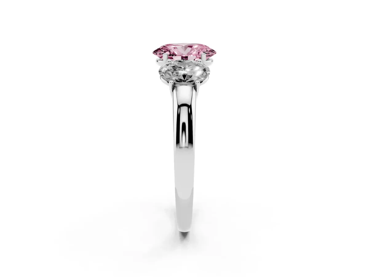 Fancy Pink Oval Cut Diamond Three-Stone Ring with Four-Prong Setting and Classic Band Silver