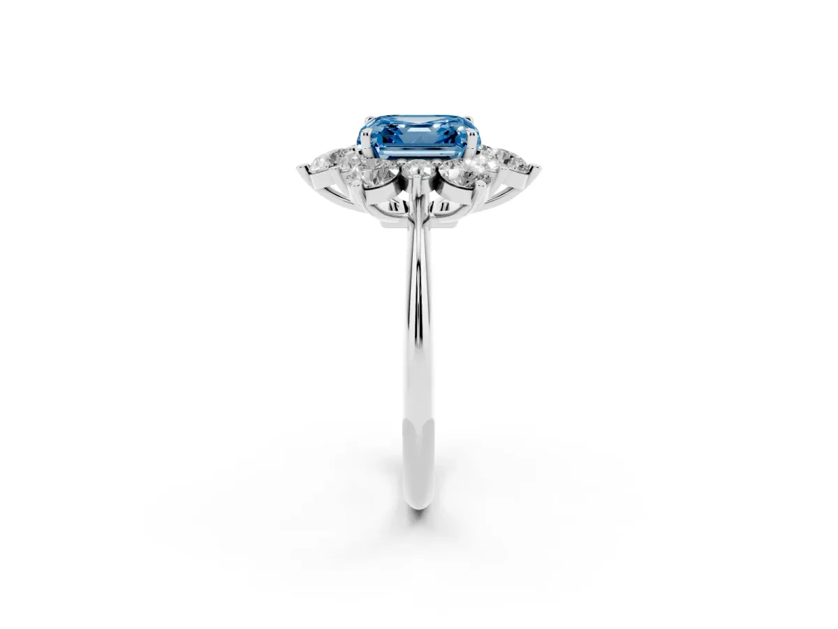 Fancy Blue Asscher Cut Diamond Cluster Halo Ring with Solitaire Band and Four-Prong Setting Silver