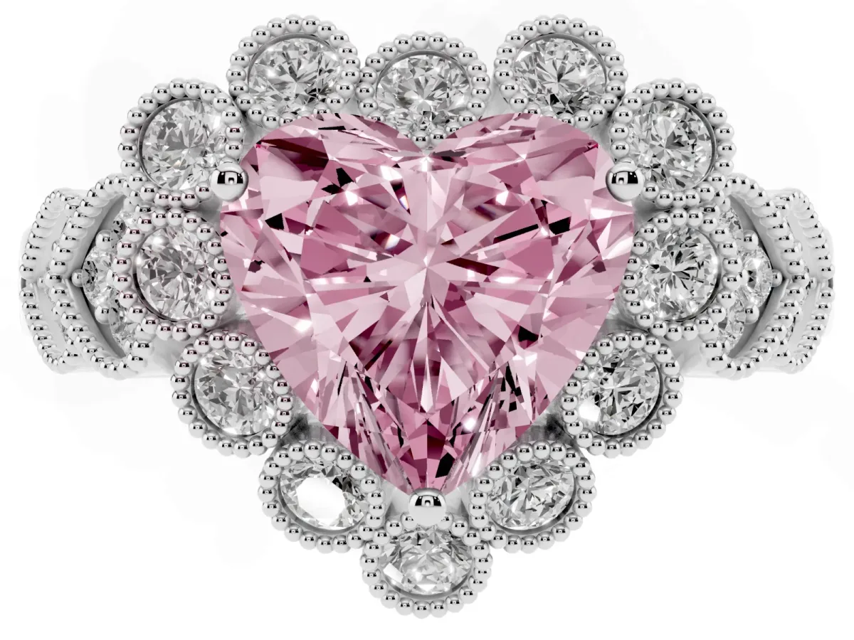 Fancy Pink Heart Cut Brilliant Milgrain Pave Heart Band Solitaire Ring Silver