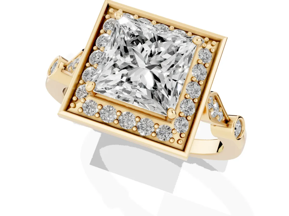 Princess Cut Halo Diamond Engagement Ring with Twisted Band and Four-Prong Setting Yellow gold