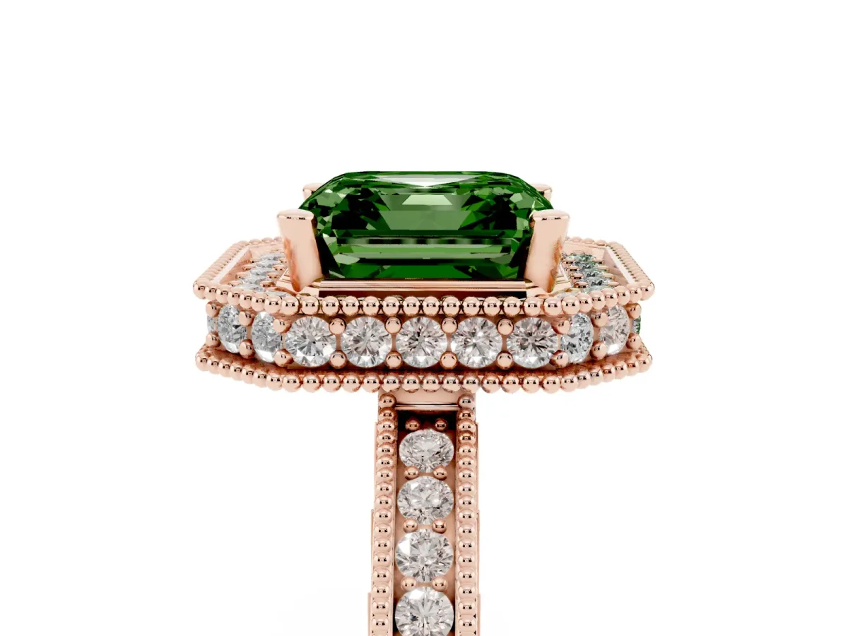 Fancy Green Asscher Cut Diamond Milgrain Halo Engagement Ring with Round Pavé Band and Prong Setting Rose gold
