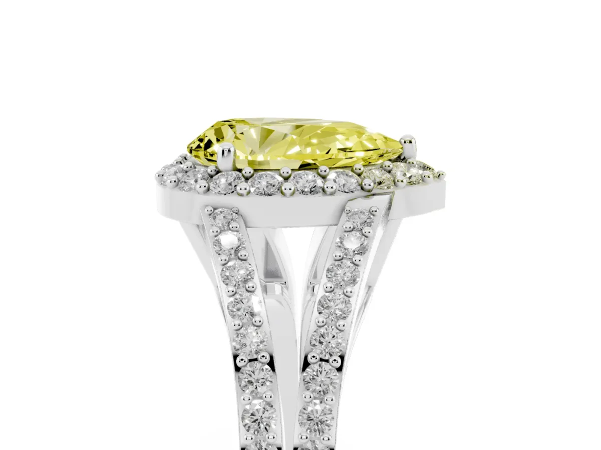 Fancy Yellow Pear Cut Halo Split Shank Diamond Ring with Prong Setting Silver