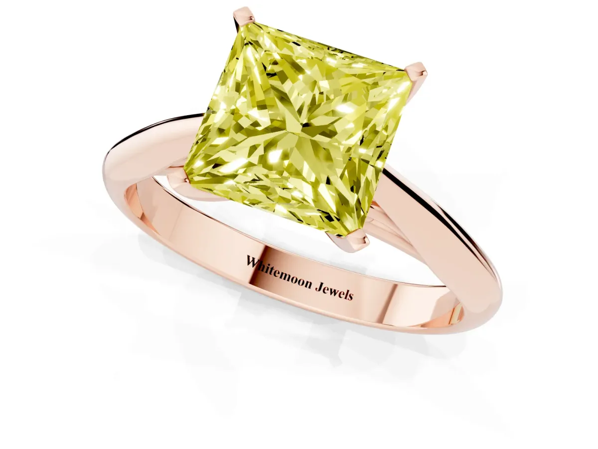 Fancy Yellow Princess Cut Diamond Solitaire Engagement Ring with Cathedral Setting and Four-Prong Mount Rose gold