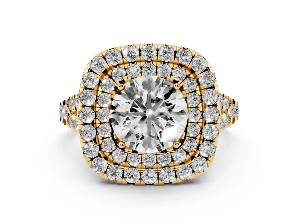 Double Halo Round Cut Diamond Pavé Split Shank Ring with Prong Setting Yellow gold