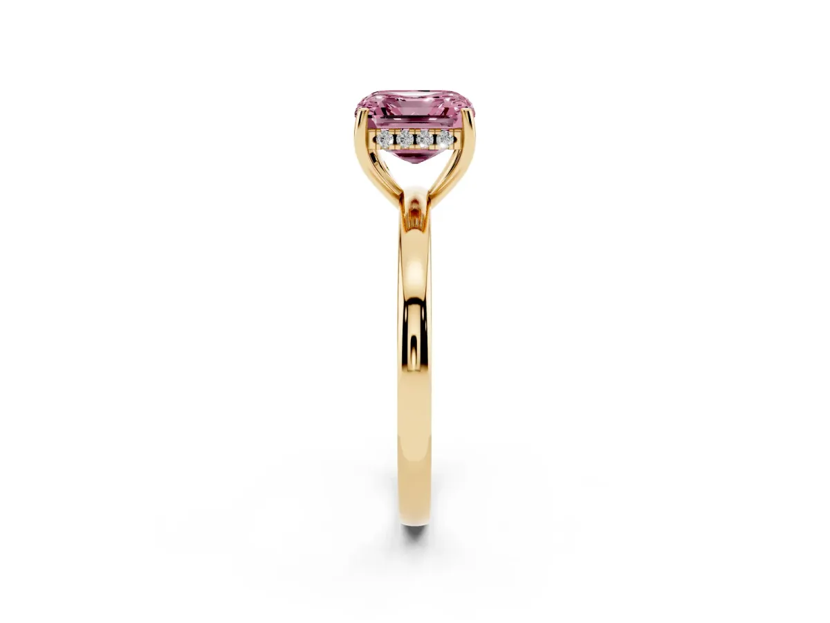 Fancy Pink Asscher Cut Solitaire Diamond Ring with Prong Setting and Plain Band Yellow gold