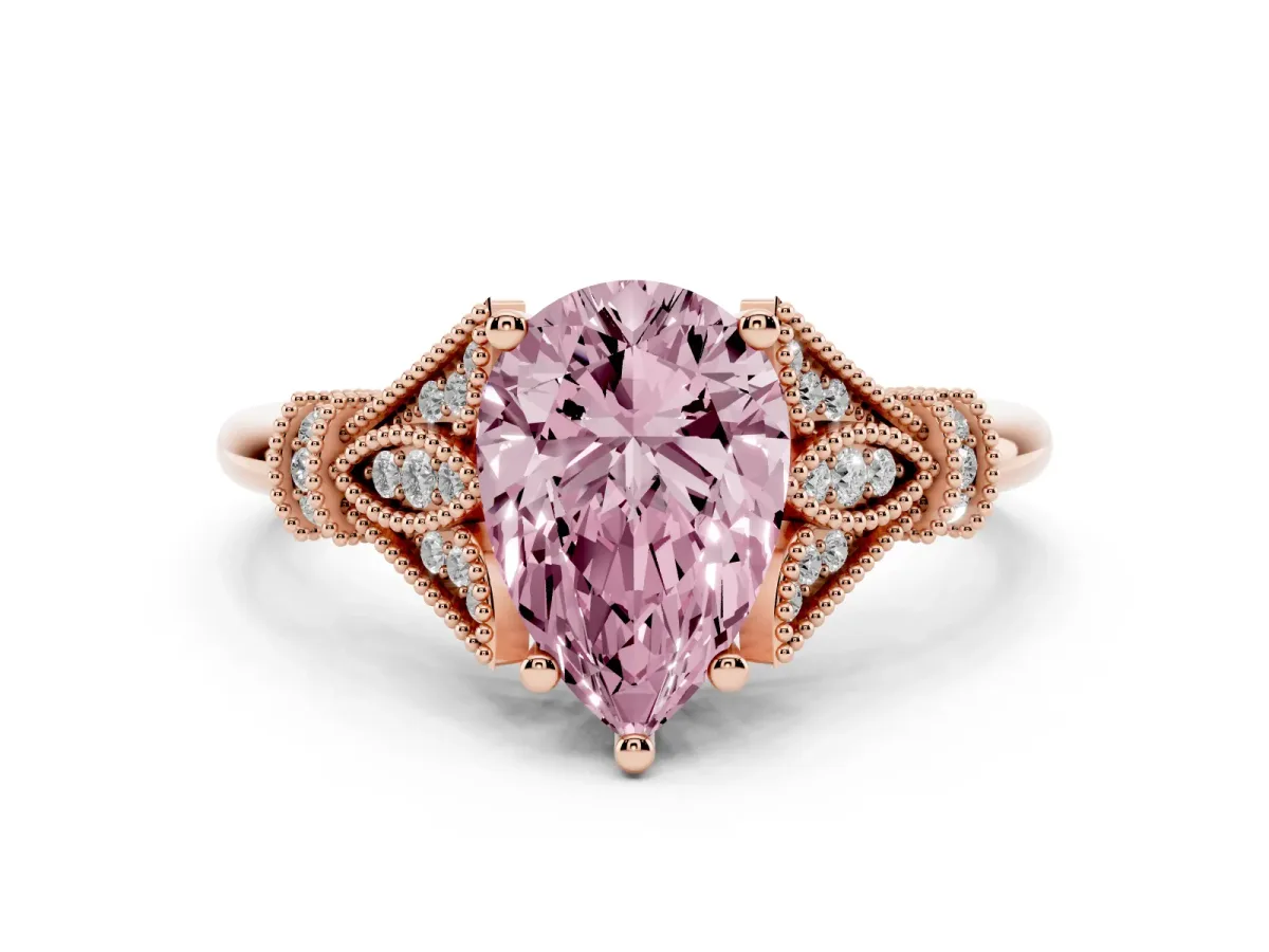 Fancy Pink Pear Cut Diamond Solitaire Ring with Floral Filigree and Pave Accents Rose gold