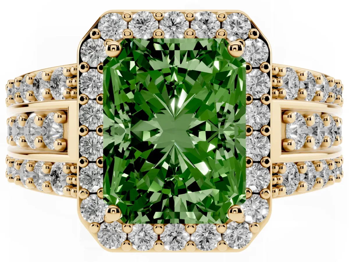 Fancy Green Radiant Cut Halo Diamond Ring with Round Split Shank and Prong Setting Yellow gold