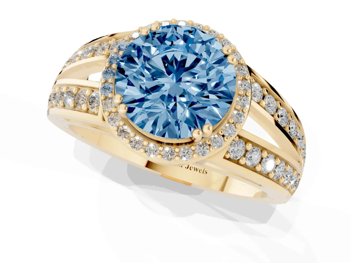 Fancy Blue Round Cut Diamond Halo Ring with Split Shank Pavé Band and Four-Prong Setting Yellow gold