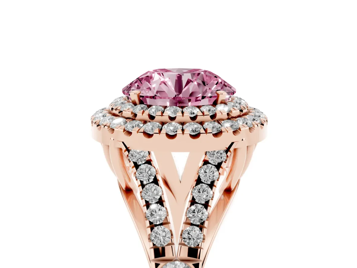 Fancy Pink Round Cut Cut Double Halo Split Shank Diamond Ring with Prong Setting Rose gold