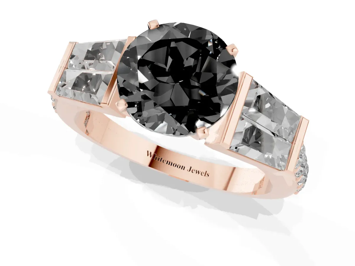 Fancy Black Round Cut Diamond Engagement Ring with Baguette Side Stones and Channel Set Band Rose gold