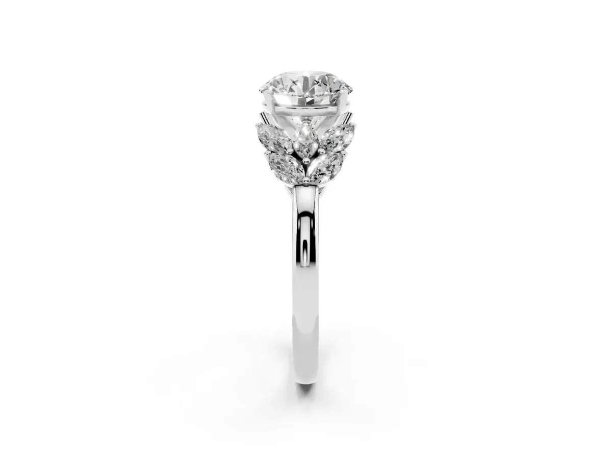 Round Cut Diamond Cluster Leaf Design Ring with Prong Setting Silver