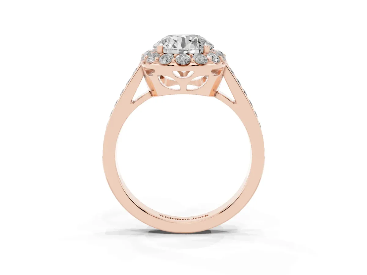 Round Cut Diamond Floral Halo Ring with Pavé Band and Prong Setting Rose gold