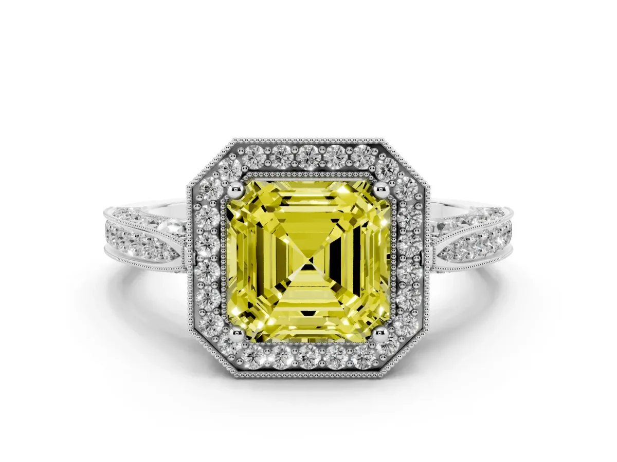 Fancy Yellow Asscher Cut Halo Diamond Engagement Ring with Split Shank Band and Four-Prong Setting Silver
