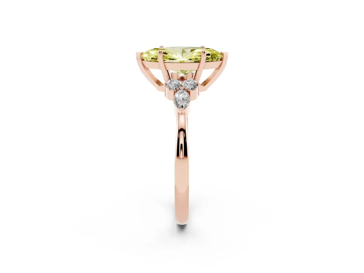 Fancy Yellow Marquise Cut Brilliant Diamond Solitaire Ring with Pear Side Stones and Four-Prong Setting Rose gold