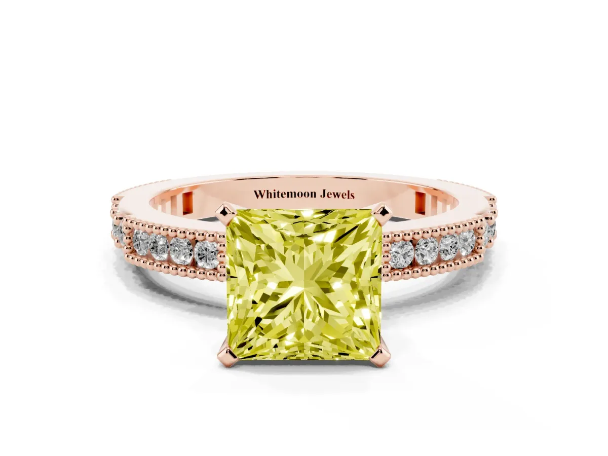 Fancy Yellow Princess Cut Solitaire with Pavé Band and Four-Prong Setting Rose gold