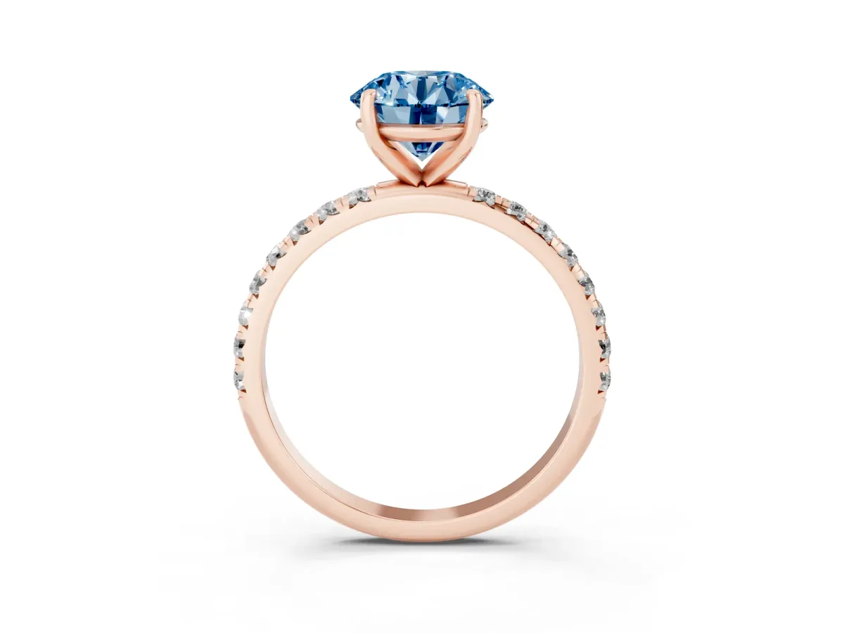 Fancy Blue Round Cut Cut Diamond Solitaire Ring with Micro Pave Band and Four Prong Setting Rose gold