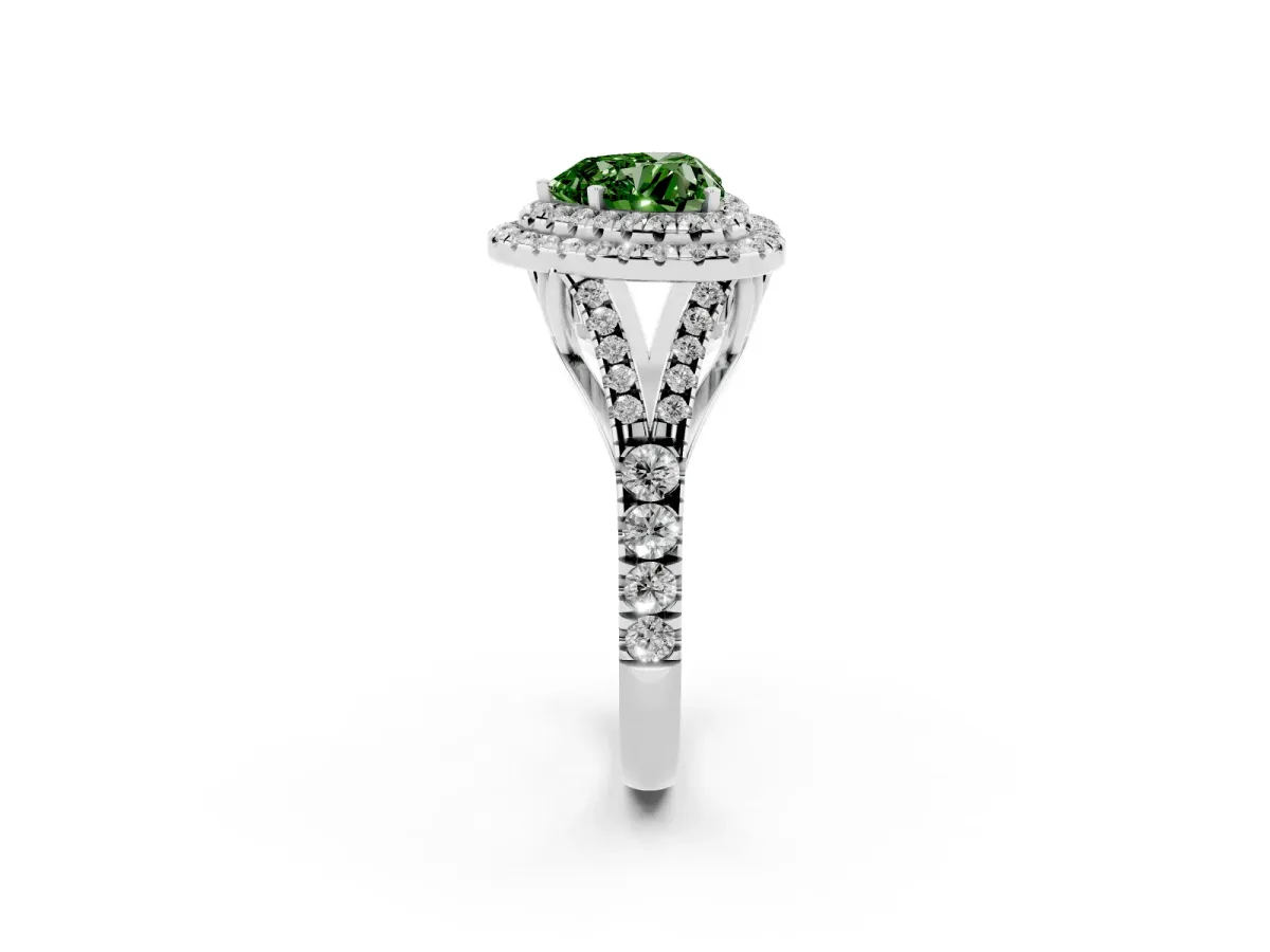 Fancy Green Double Halo Heart Cut Diamond Split Shank Engagement Ring with Four-Prong Setting Silver