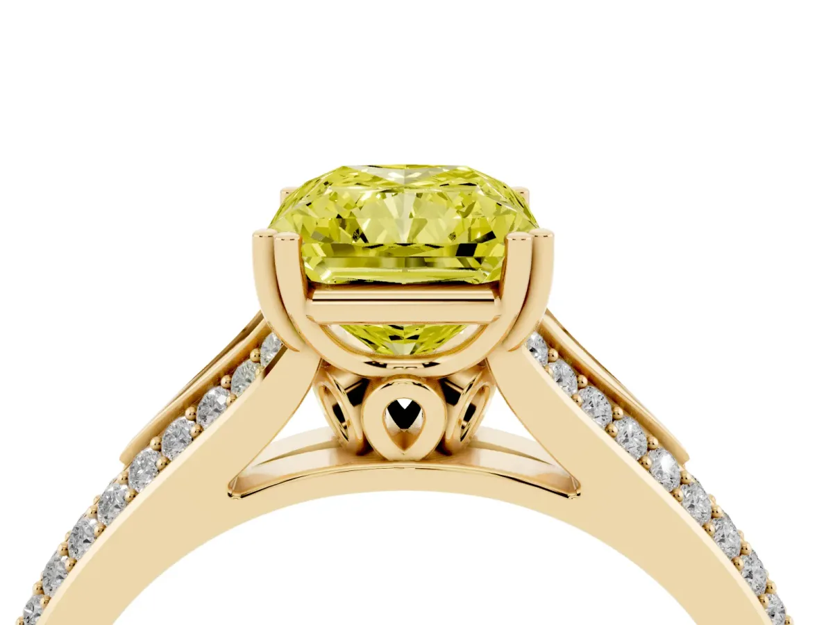 Fancy Yellow Radiant Cut Diamond Split Shank Engagement Ring with Pavé Band Yellow gold