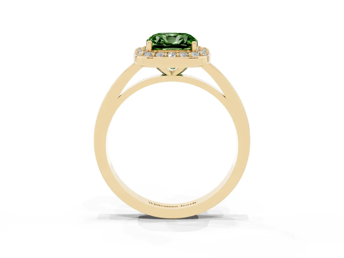 Fancy Green Cushion Cut Halo Diamond Ring with Solitaire Band and Prong Setting Yellow gold