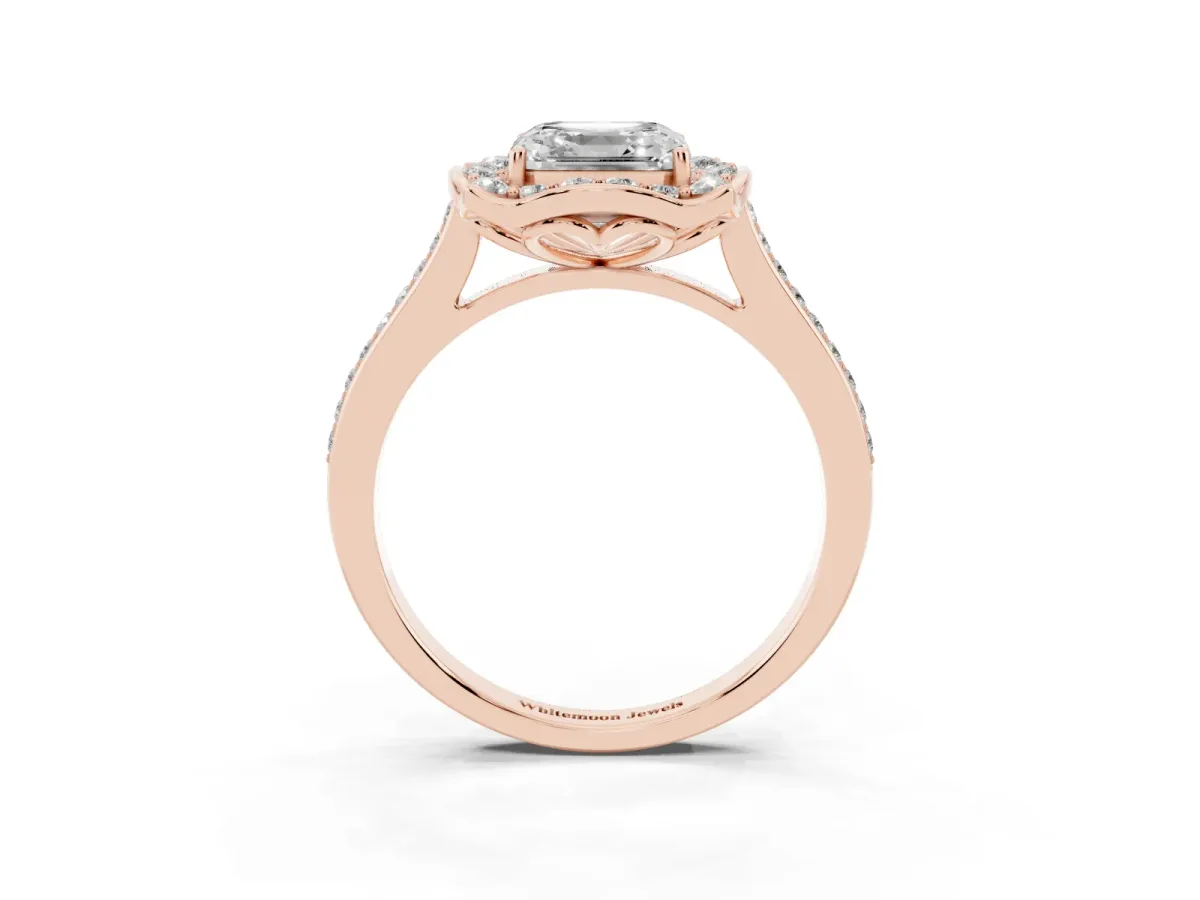 Asscher Cut Halo Round Diamond Pave Band with Four-Prong Setting Rose gold