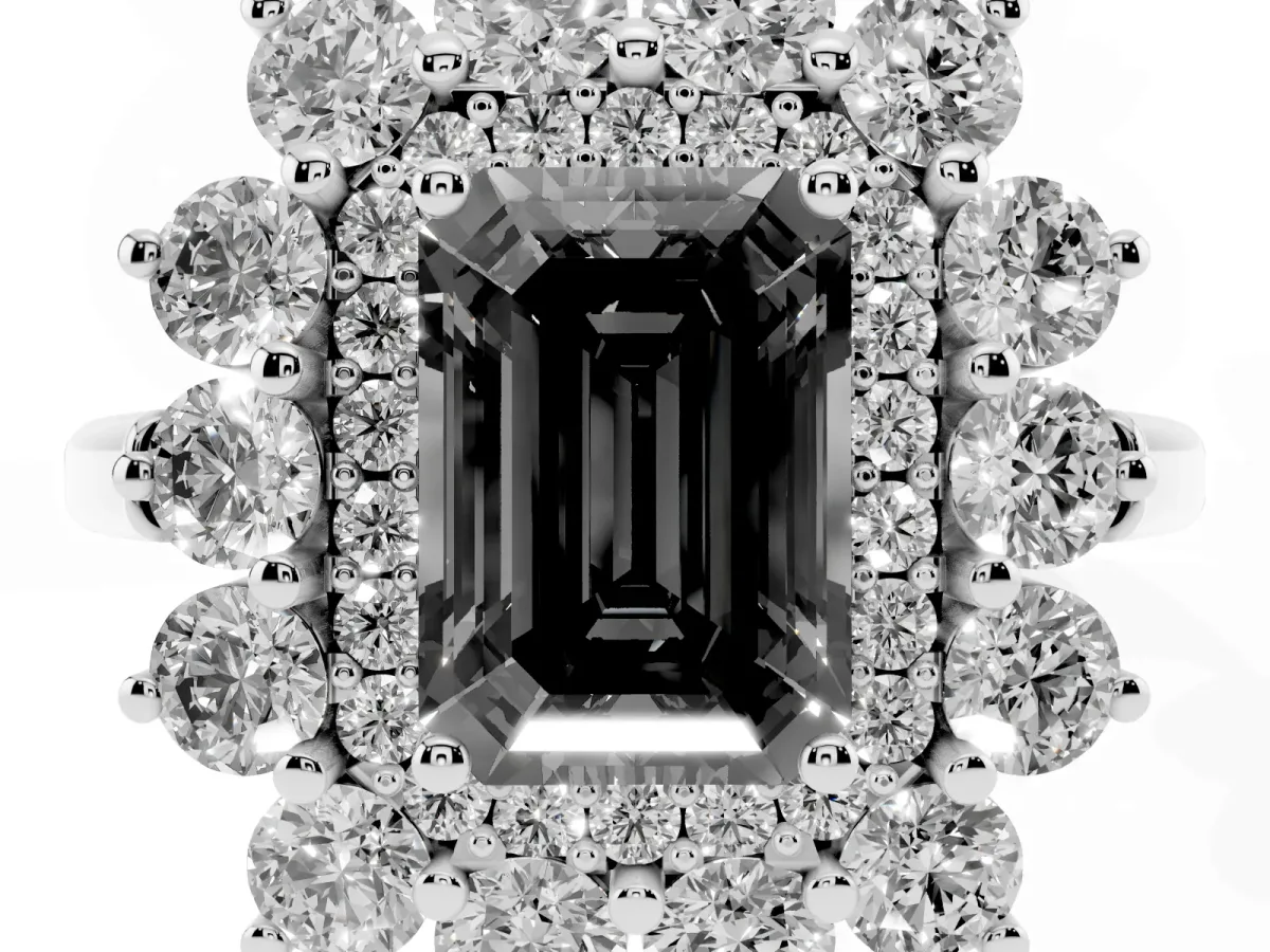 Fancy Black Emerald Cut Diamond Floral Double Halo Engagement Ring with Prong Setting Silver