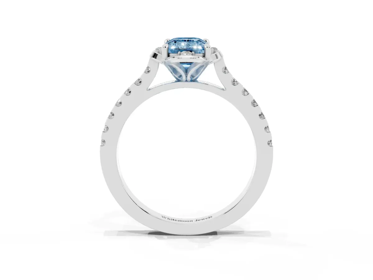 Fancy Blue Emerald Cut Diamond Ring with Pavé Band and Floral Prong Setting Silver
