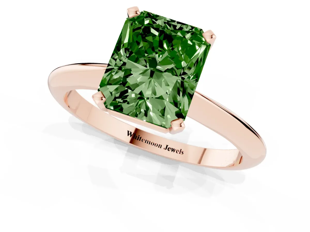 Fancy Green Radiant Cut Cut Solitaire Ring with Four-Prong Setting on a Classic Band Rose gold