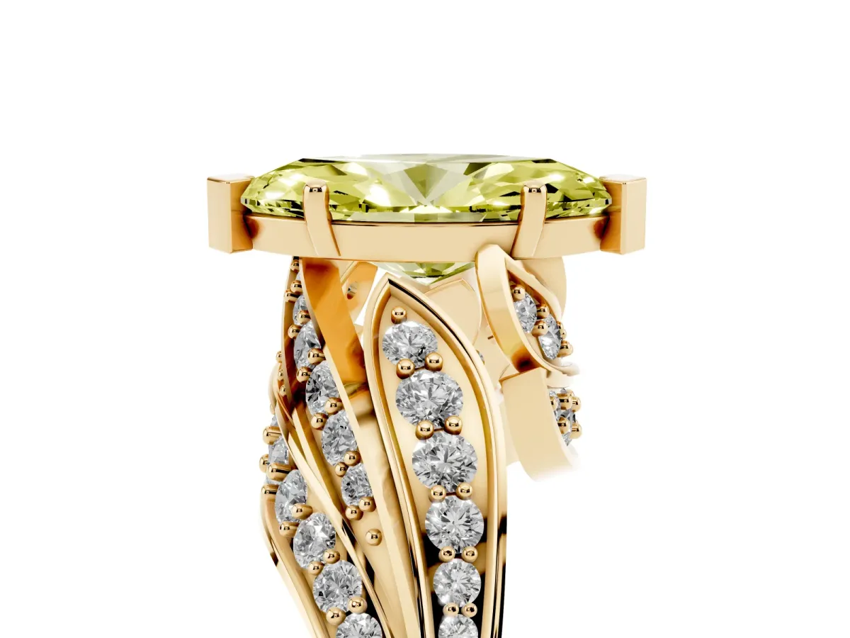 Fancy Yellow Marquise Cut Diamond Solitaire Ring with Prong Setting and Twisted Pavé Band Yellow gold