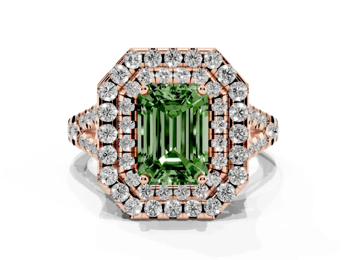 Fancy Green Double Halo Emerald Cut Diamond Pavé Split Shank Ring with Prong Setting Rose gold