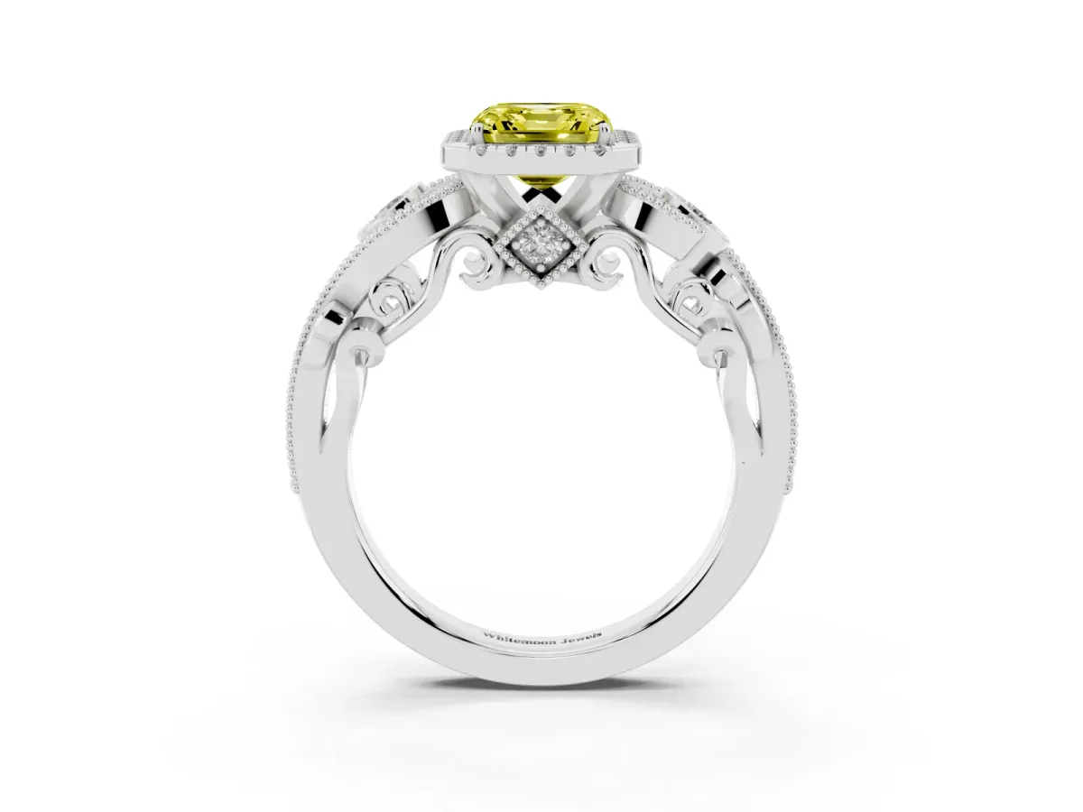 Fancy Yellow Asscher Cut Diamond Halo Ring with Milgrain Pavé Band and Four-Prong Setting Silver