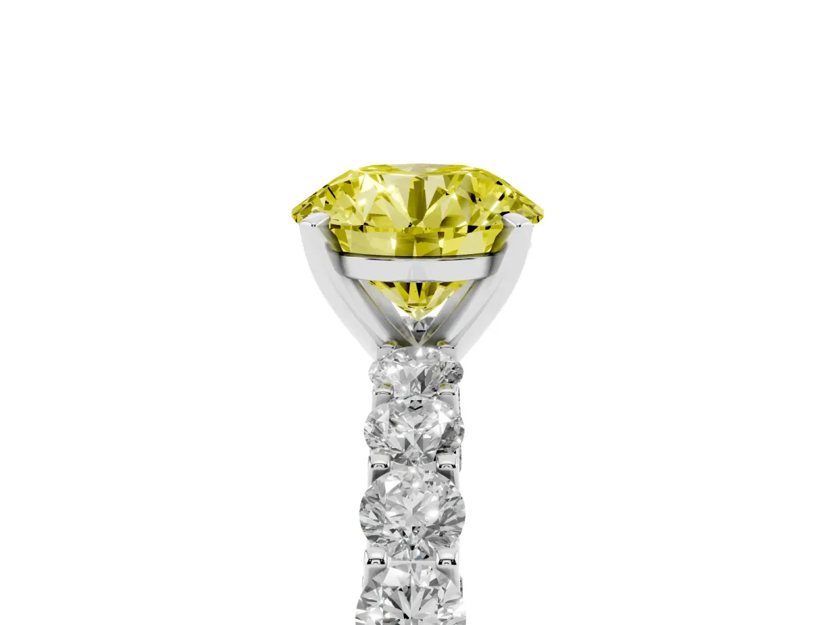 Fancy Yellow Round Cut Diamond Solitaire Ring with Shared Prong Pavé Band and Four-Prong Setting Silver