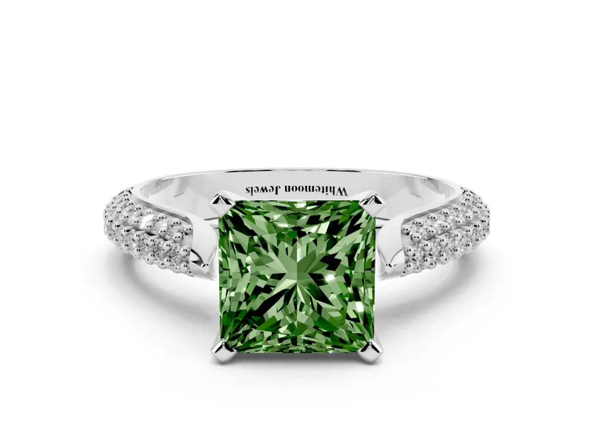 Fancy Green Princess Cut Diamond Solitaire Engagement Ring with Multi-Row Round Pavé Band and Prong Setting Platinum