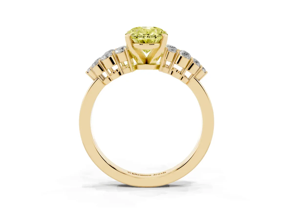 Fancy Yellow Oval Cut Cluster Diamond Engagement Ring with Pavé Band and Four-Prong Setting Yellow gold