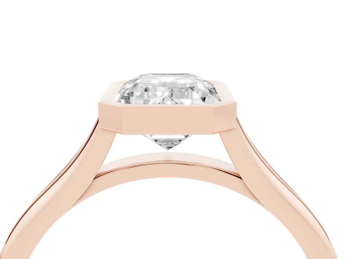 Bezel Set Emerald Cut Cut Solitaire Ring with Tapered Band Rose gold
