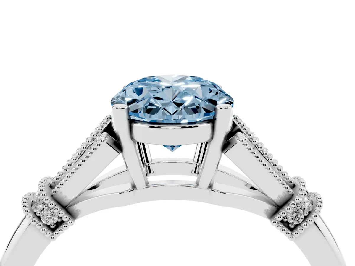 Fancy Blue Oval Cut Diamond Solitaire Ring with Floral Filigree and Pave Accents Silver