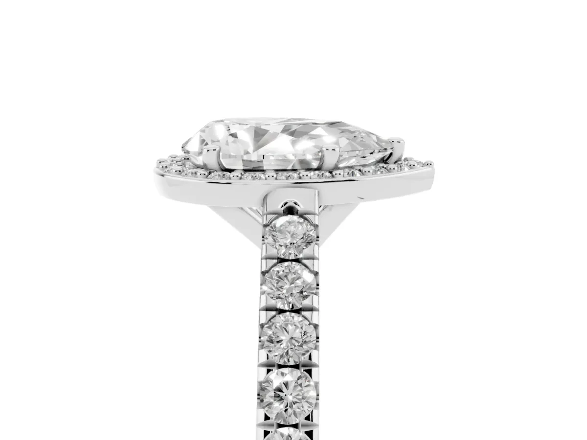 Pear Cut Cut Halo Diamond Engagement Ring with Pave Band and Four-Prong Setting Platinum