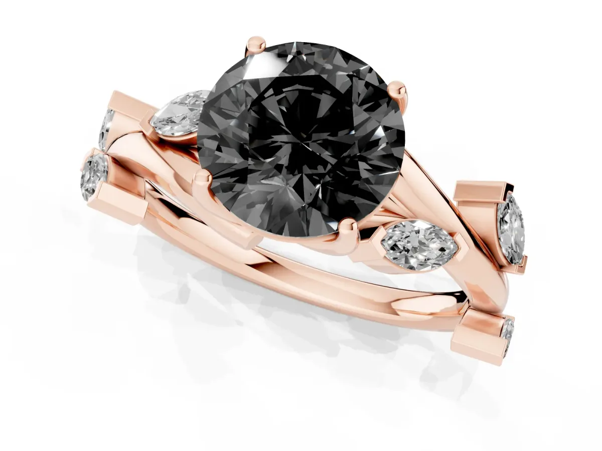 Fancy Black Round Cut Solitaire Twisted Band Marquise Accent Prong Setting Ring Rose gold