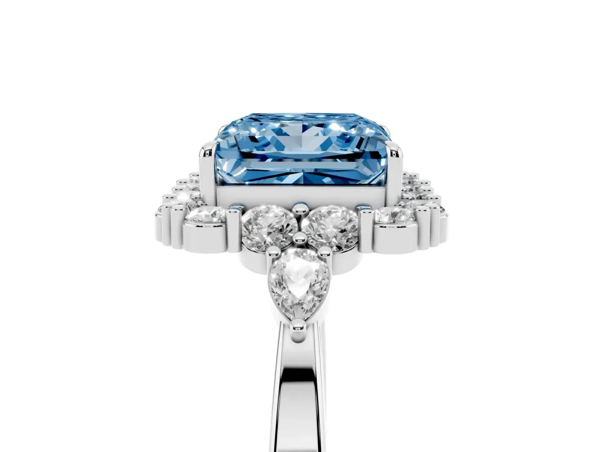 Fancy Blue Princess Cut Diamond Halo Ring with Pear Side Stones and Prong Setting Silver