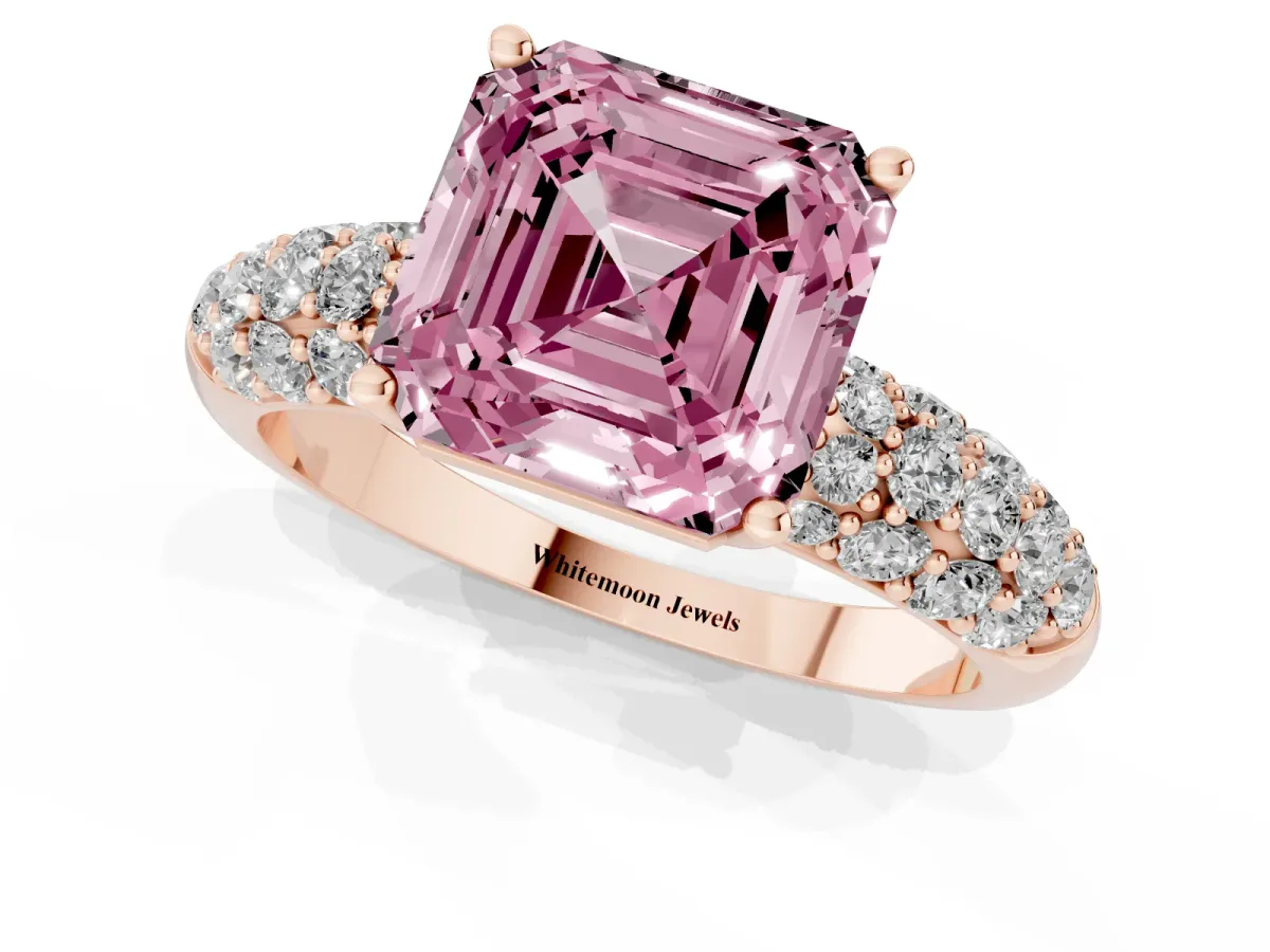 Fancy Pink Asscher Cut Diamond Pavé Band Solitaire Ring with Four-Prong Setting Rose gold