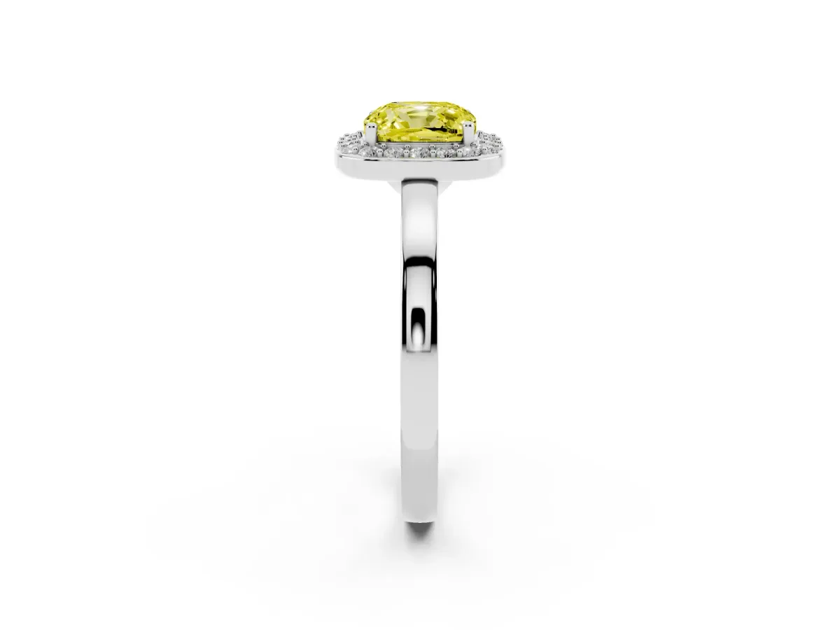 Fancy Yellow Cushion Cut Halo Diamond Ring with Solitaire Band and Prong Setting Platinum