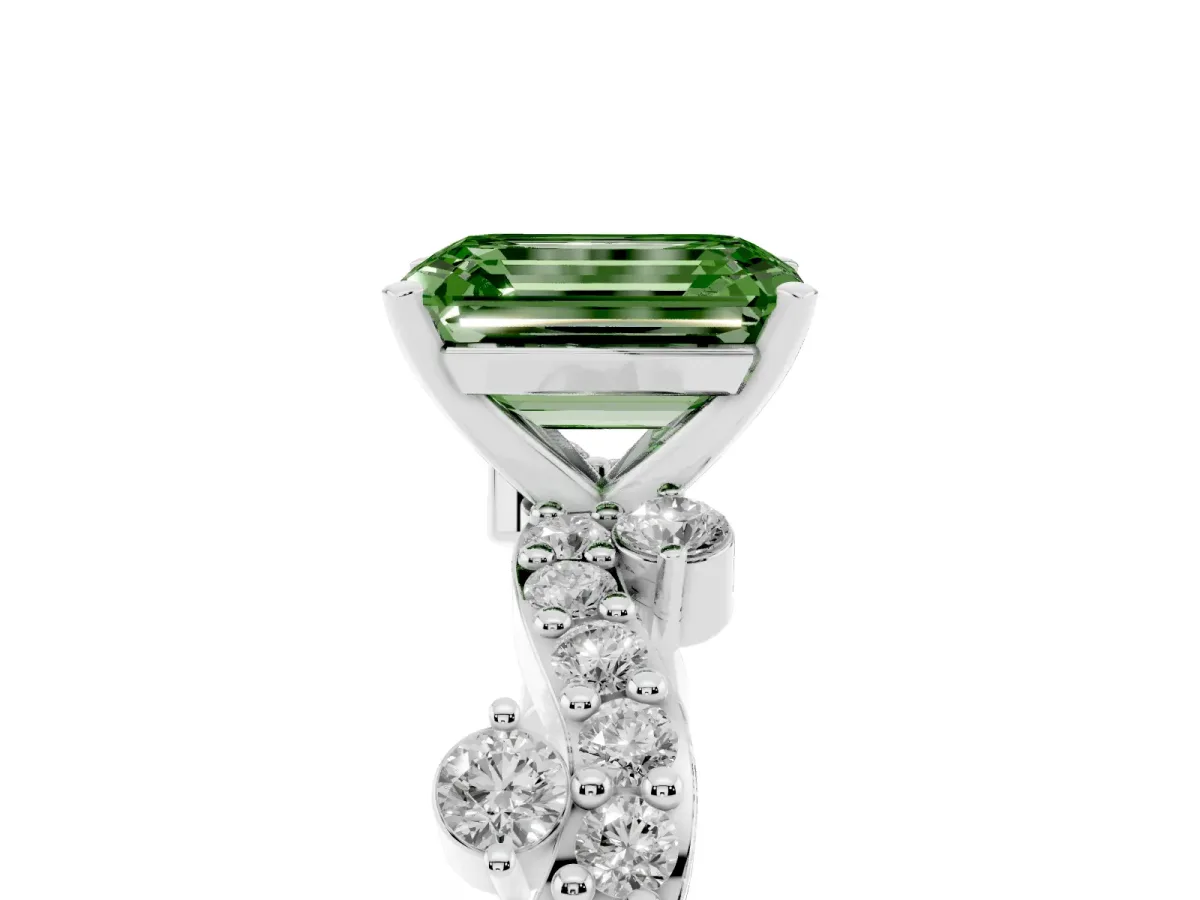 Fancy Green Emerald Cut Cut Solitaire Diamond Twisted Band with Pave Setting Platinum