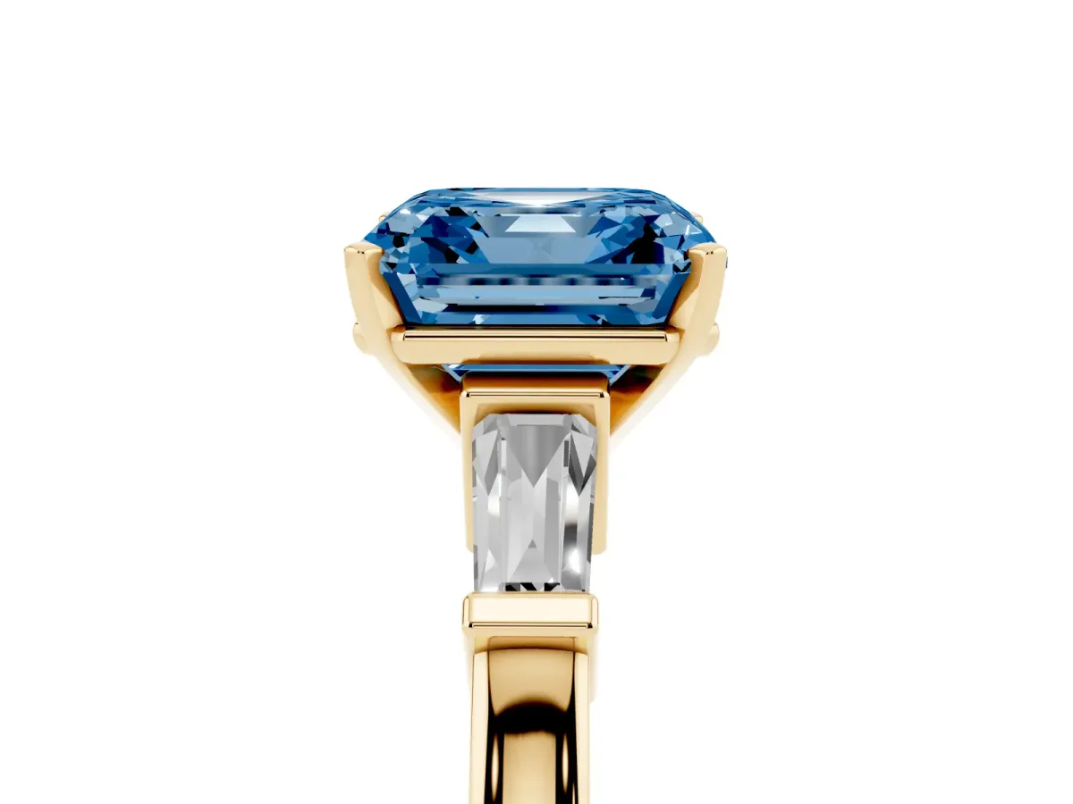Fancy Blue Asscher Cut Cut Diamond Solitaire Ring with Tapered Baguette Accents and Four-Prong Setting Yellow gold