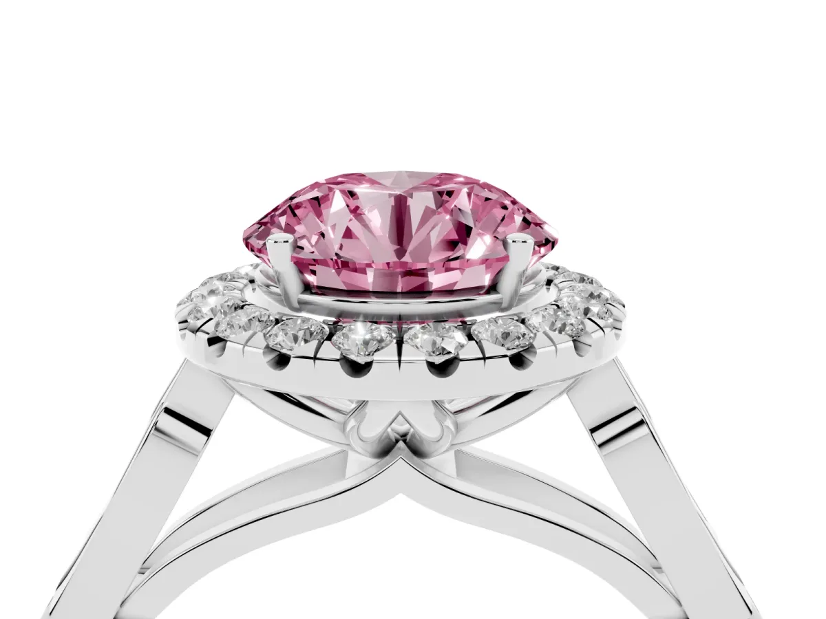 Fancy Pink Round Cut Halo Diamond Engagement Ring with Filigree Band and Four-Prong Setting Silver