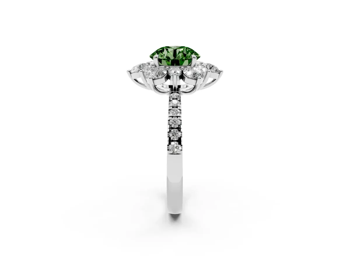 Fancy Green Round Cut Diamond Floral Halo Ring with Round Pavé Band and Prong Setting Silver