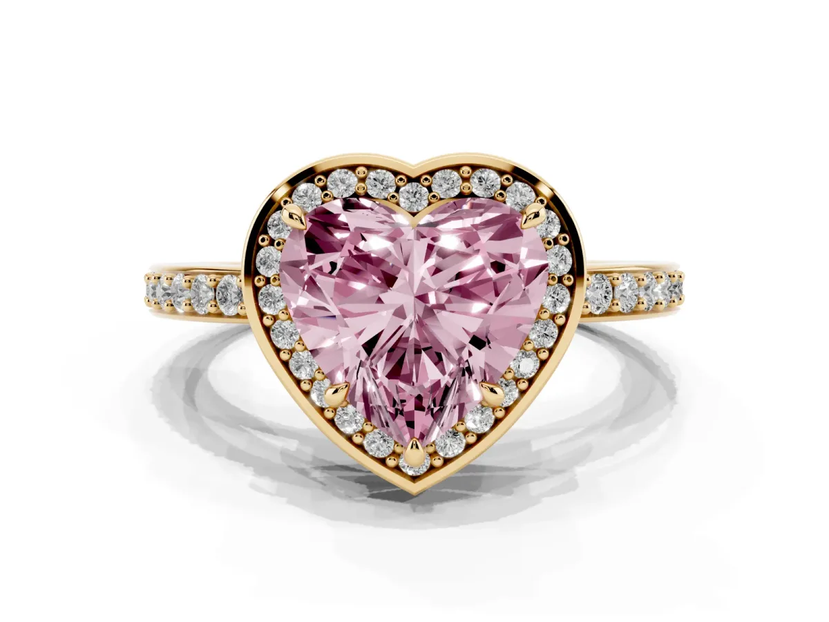Fancy Pink Heart Cut Halo Pave Band Solitaire Ring with Prong Setting Yellow gold