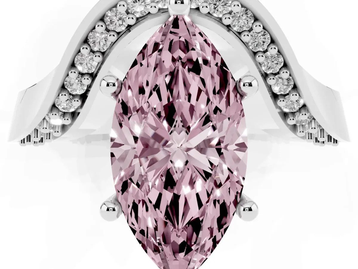 Fancy Pink Marquise Cut Solitaire Diamond Engagement Ring with Pave Band and Four-Prong Setting White gold
